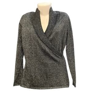 Reba Women's Black/Silver Metallic Faux Wrap Long Sleeve Sweater Dressy SZ M